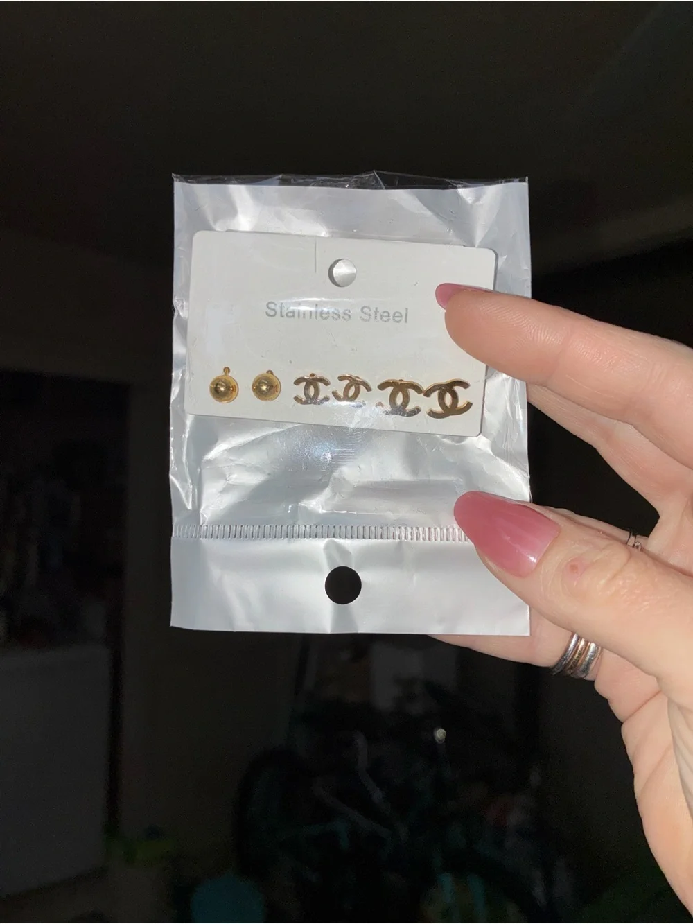 Gold Tone Stainless Steel Logo Stud Earring Set